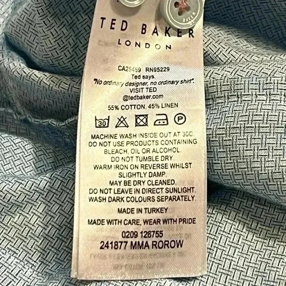TED BAKER LONDON DRESS SHIRT Men’s Size 7 3XL Linen Blend Blue Button Down Print - Picture 8 of 8
